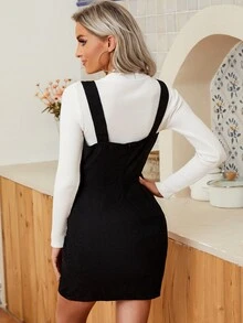 Solid Corduroy Pinafore Dress Without Top - Black - View 2