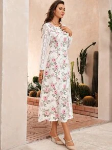 Modelyn 印花蕾絲拼接連衣裙不附腰帶 - 白色 - 查看 6