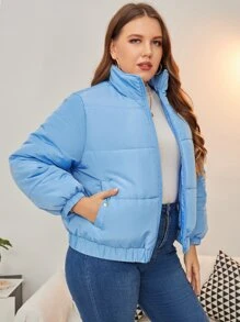 Abrigo acolchado con cierre y dobladillo elástico talla grande para invierno - Celeste - Ver 4