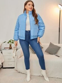 Abrigo acolchado con cierre y dobladillo elástico talla grande para invierno - Celeste - Ver 6