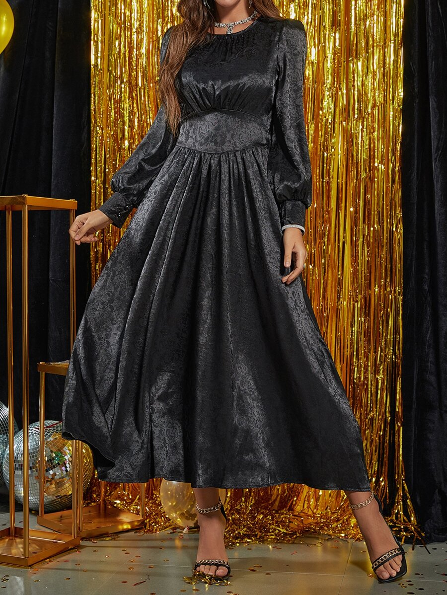 Modelyn 花卉圖案提花燈籠袖束腰洋裝