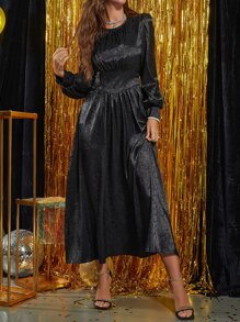 Modelyn 花卉圖案提花燈籠袖束腰洋裝