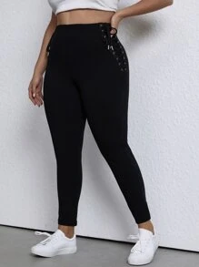 SHEIN EZwear 大碼高腰扣眼側邊綁帶緊身褲 - 黑色 - 查看 1