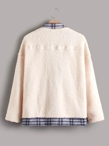 SHEIN Unity 拼接格紋落肩袖二合一搖粒絨外套 - 杏色 - 查看 2