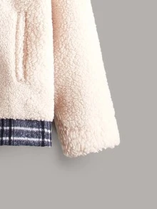 SHEIN Unity 拼接格紋落肩袖二合一搖粒絨外套 - 杏色 - 查看 3