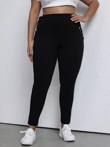 SHEIN EZwear 大碼高腰扣眼側邊綁帶緊身褲 - 黑色 - 查看 4