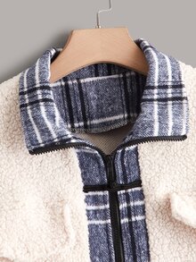 SHEIN Unity 拼接格紋落肩袖二合一搖粒絨外套 - 杏色 - 查看 4