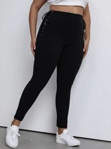 SHEIN EZwear 大碼高腰扣眼側邊綁帶緊身褲 - 黑色 - 查看 5