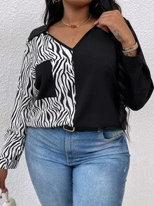 Áo sơ mi Plus Size Túi Khối Màu Sọc ngựa vằn Giải trí - Đen và trắng - Xem 4