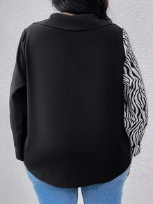 Áo sơ mi Plus Size Túi Khối Màu Sọc ngựa vằn Giải trí - Đen và trắng - Xem 2