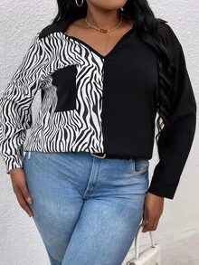 Áo sơ mi Plus Size Túi Khối Màu Sọc ngựa vằn Giải trí - Đen và trắng - Xem 3