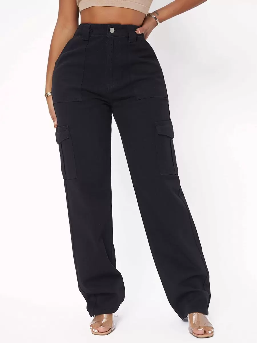 SHEIN SXY Quần jean nữ Nút Túi Dây kéo màu trơn - màu đen - Xem 1