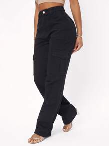 SHEIN SXY Quần jean nữ Nút Túi Dây kéo màu trơn - màu đen - Xem 2