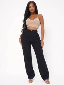 SHEIN SXY Quần jean nữ Nút Túi Dây kéo màu trơn - màu đen - Xem 4
