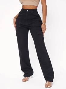SHEIN SXY Quần jean nữ Nút Túi Dây kéo màu trơn - màu đen - Xem 5