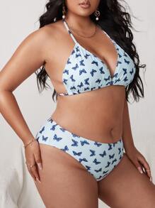 3packs Plus Size Butterfly Print Halter Bikini & Kimono Summer Beach - Blue - View 3