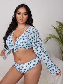 3packs Plus Size Butterfly Print Halter Bikini & Kimono Summer Beach - Blue - View 4