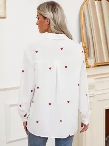 Chiquease 女式休闲前扣长袖宽松心形印花衬衫，秋季 - 白色 - 查看 2