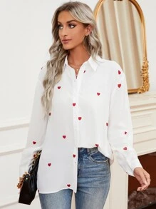 Chiquease 女式休闲前扣长袖宽松心形印花衬衫，秋季 - 白色 - 查看 4