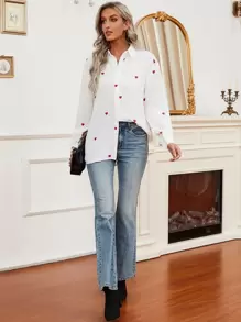 Chiquease 女式休闲前扣长袖宽松心形印花衬衫，秋季 - 白色 - 查看 5