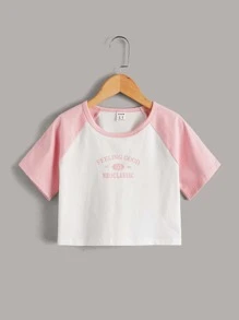 SHEIN Camiseta De Manga Raglan Contrastante Com Bloco De Cor Fofo E Impressão De Letras Para Garotas Pré-adolescentes