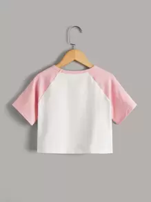 SHEIN Camiseta De Manga Raglan Contrastante Com Bloco De Cor Fofo E Impressão De Letras Para Garotas Pré-adolescentes