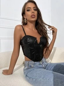 SHEIN Unity 素色缺口V領PU皮革吊帶上衣 - 黑色 - 查看 1