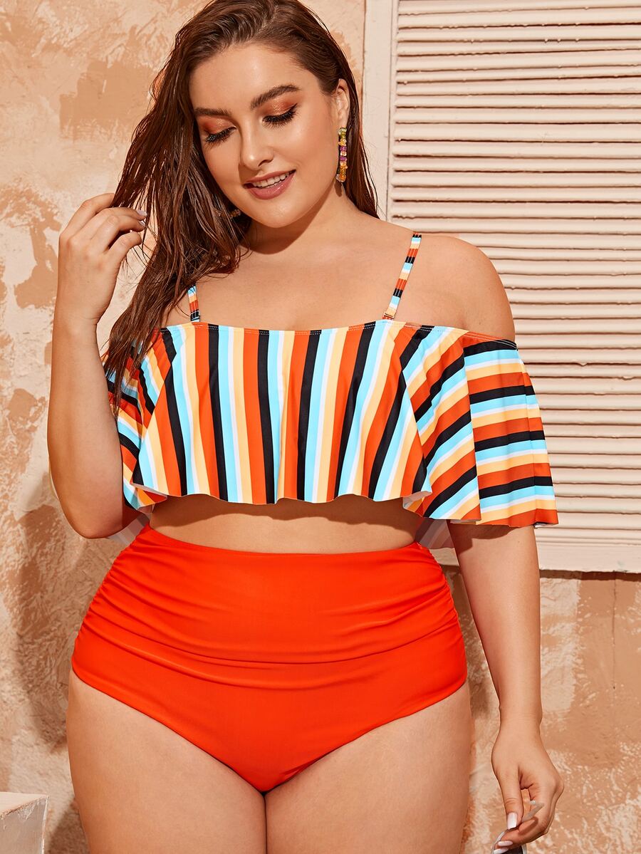 Plus Size Striped Ruffle Hem Off The Shoulder Bikini Set Summer Beach - Multicolor - View 1