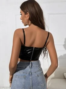 SHEIN Unity 素色缺口V領PU皮革吊帶上衣 - 黑色 - 查看 2