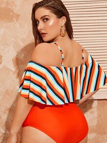 Plus Size Striped Ruffle Hem Off The Shoulder Bikini Set Summer Beach - Multicolor - View 2