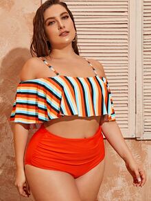 Plus Size Striped Ruffle Hem Off The Shoulder Bikini Set Summer Beach - Multicolor - View 3