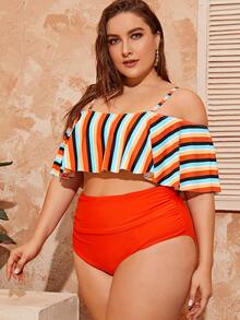 Plus Size Striped Ruffle Hem Off The Shoulder Bikini Set Summer Beach - Multicolor - View 4