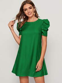 SHEIN Privé 泡泡袖後鎖孔直筒連衣裙 - 綠色 - 查看 1