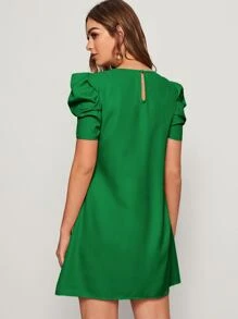 SHEIN Privé 泡泡袖後鎖孔直筒連衣裙 - 綠色 - 查看 2