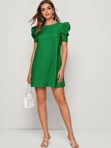 SHEIN Privé 泡泡袖後鎖孔直筒連衣裙 - 綠色 - 查看 3