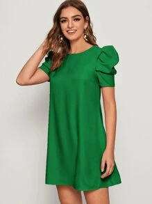 SHEIN Privé 泡泡袖後鎖孔直筒連衣裙 - 綠色 - 查看 4