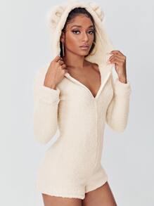 SHEIN Áo liền quần nữ Dây kéo màu trơn Giải trí - Màu be - Xem 1