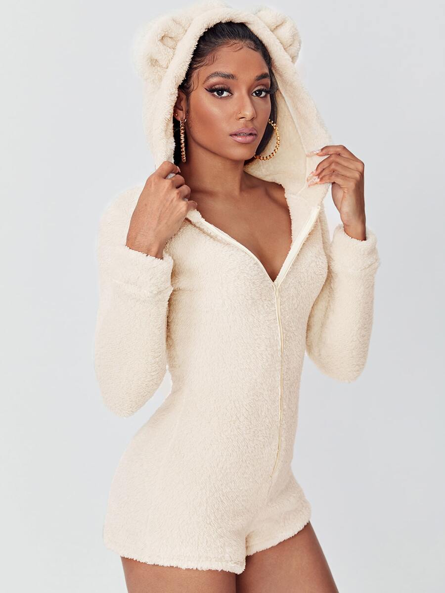 SHEIN Áo liền quần nữ Dây kéo màu trơn Giải trí - Màu be - Xem 1