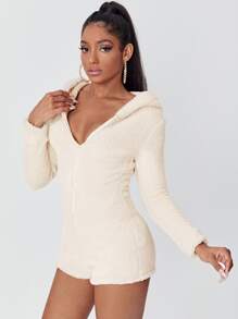 SHEIN Áo liền quần nữ Dây kéo màu trơn Giải trí - Màu be - Xem 3