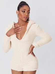 SHEIN Áo liền quần nữ Dây kéo màu trơn Giải trí - Màu be - Xem 5