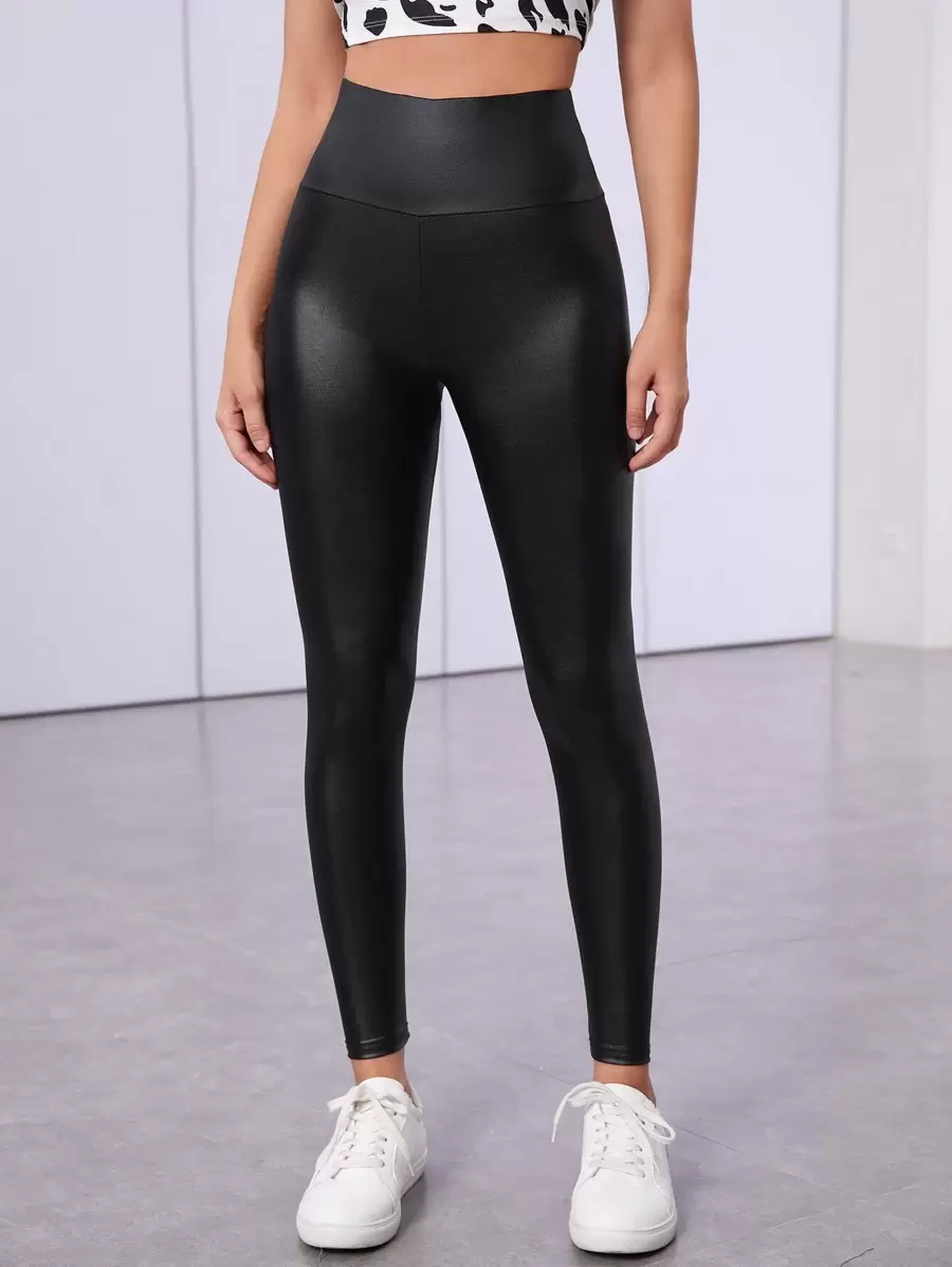 SHEIN Essnce Wide Waistband Solid Leggings - Black - View 1