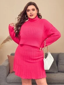 SHEIN Plus Neon Pink Turtle Neck Jumper And Skirt Set - Hot Pink - View 1