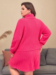 SHEIN Plus Neon Pink Turtle Neck Jumper And Skirt Set - Hot Pink - View 2