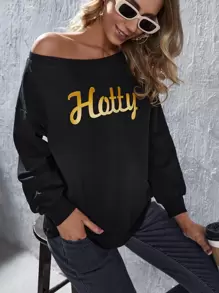 SHEIN Maternity Letter Graphic Drop Shoulder Sweatshirt, For Winter - Black - View 1