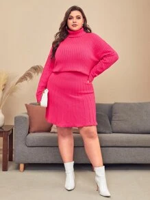 SHEIN Plus Neon Pink Turtle Neck Jumper And Skirt Set - Hot Pink - View 3