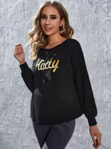 SHEIN Maternity Letter Graphic Drop Shoulder Sweatshirt, For Winter - Black - View 3