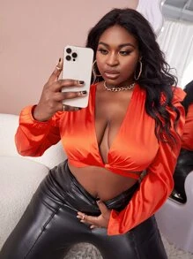 Slaydiva 大碼熒光橙深V羊腿袖上衣 - 橘色 - 查看 1