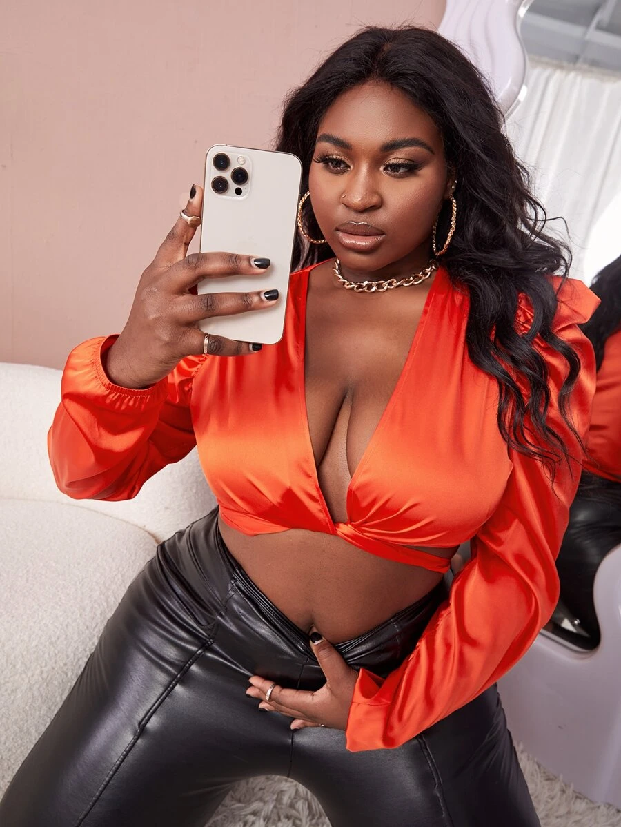 Slaydiva 大碼熒光橙深V羊腿袖上衣 - 橘色 - 查看 1