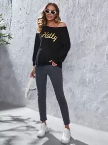 SHEIN Maternity Letter Graphic Drop Shoulder Sweatshirt, For Winter - Black - View 5