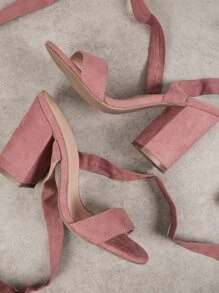 圓頭繫帶粗高跟鞋 - 藕粉色 - 查看 2